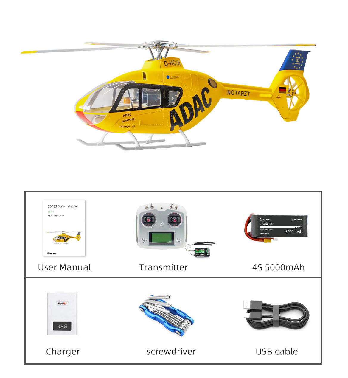 Flywing EC-135 6CH RC GPS Scale helicopter 4 Blades Stabilized 450L size Fuselages with H1