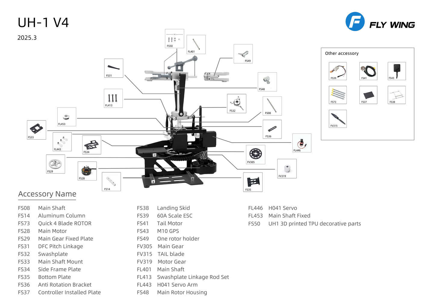 Flywing UH-1 Huey V4 GPS Stabilized 6CH RC Scale helicopter 450L size