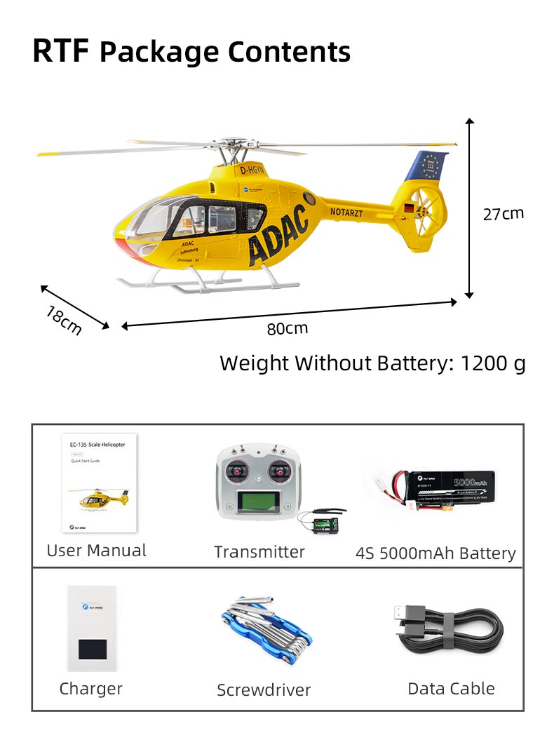 Flywing EC-135 6CH RC GPS Scale helicopter 4 Blades Stabilized 450L size Fuselages with  ACE