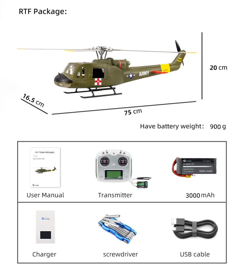 Flywing UH-1 Huey V4 4 Blades GPS Stabilized 6CH RC Scale helicopter 450L size
